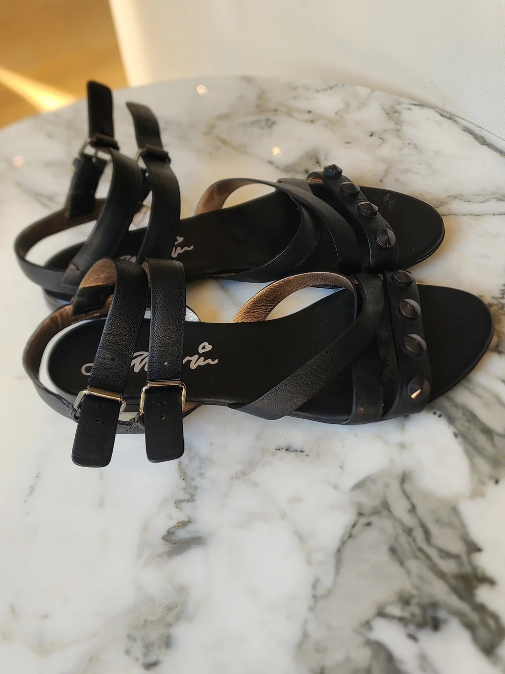 Lanvin Black Leather Studded Strappy Sandals with Ankle Buckles Size 37